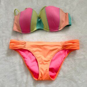 VS Colorful Neon Bikini Set, Top is a Bandeau or Strap & Bottoms are Ruched Hips